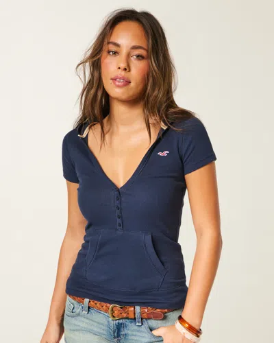 Hollister Short-sleeve Hooded Henley In Blue