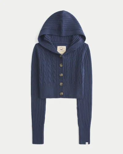 Hollister Shrunken Cable-knit Hooded Cardigan In Blue
