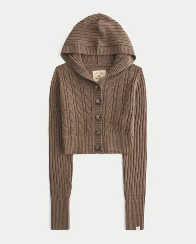 Hollister Shrunken Cable-knit Hooded Cardigan In Brown