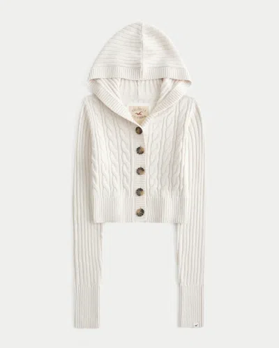 Hollister Shrunken Cable-knit Hooded Cardigan In White