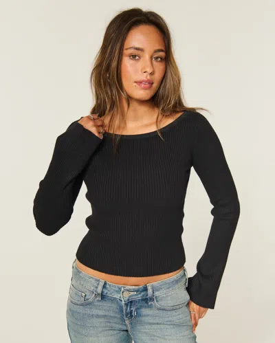 Hollister Slash-neck Bell Sleeve Sweater In Black