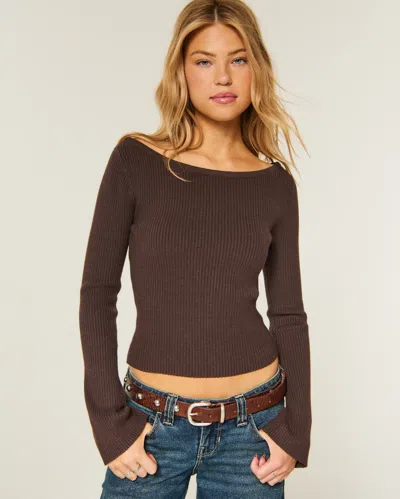 Hollister Slash-neck Bell Sleeve Sweater In Brown