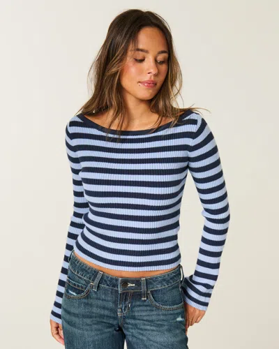 Hollister Slash-neck Bell Sleeve Sweater In Navy Stripe