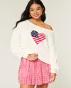 Hollister Slouchy Off-the-shoulder Flag Heart Graphic Sweater In White