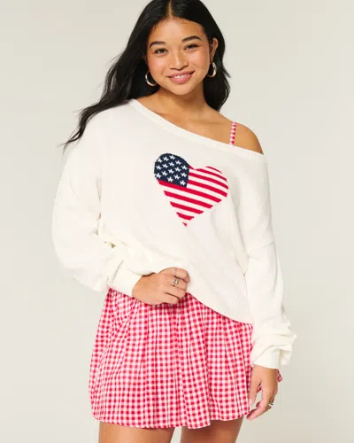 Hollister Slouchy Off-the-shoulder Flag Heart Graphic Sweater In White