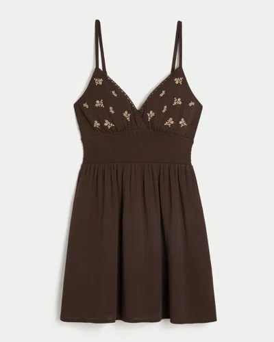 Hollister Smocked Waist Embroidered Mini Dress In Brown