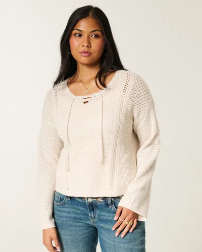 Hollister Stitchy V-neck Sweater In Neutral