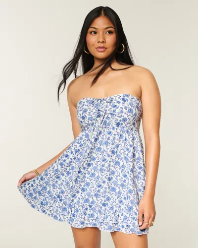 Hollister Strapless Babydoll Mini Dress In Blue