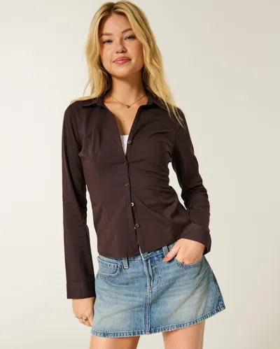 Hollister Stretch Poplin Button-through Shirt In Brown