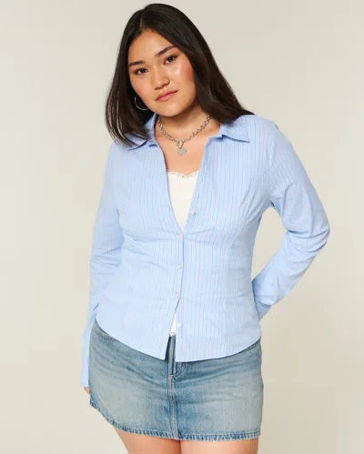 Hollister Stretch Poplin Button-through Shirt In Blue