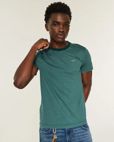 Hollister Striped Cotton Crew Icon T-shirt In Green