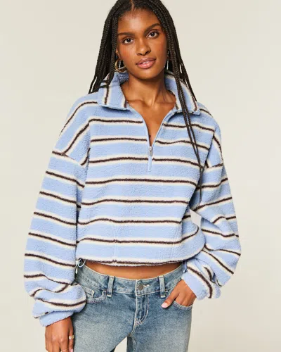 Hollister Striped Sherpa Half-zip Sweatshirt In Blue