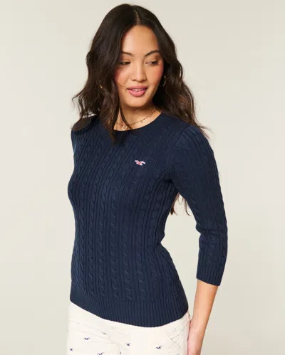 Hollister Three-quarter Sleeve Cable-knit Crew Cardigan In Blue