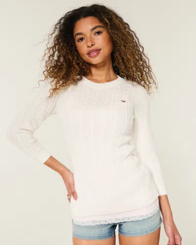 Hollister Three-quarter Sleeve Cable-knit Crew Cardigan In Neutral