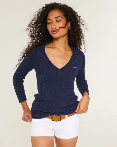 Hollister Three-quarter Sleeve Cable-knit V-neck Sweater In Blue