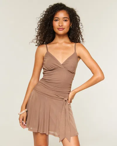 Hollister Tie Waist Mesh Mini Dress In Brown