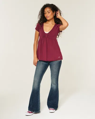 Hollister Ultra Low-rise Dark Wash Butterfly Embroidery Flare Jeans In Blue