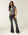 Hollister Ultra Low-rise Floral Embroidery Washed Black Flare Jeans In Gray