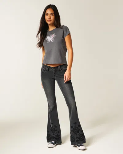 Hollister Ultra Low-rise Floral Embroidery Washed Black Flare Jeans