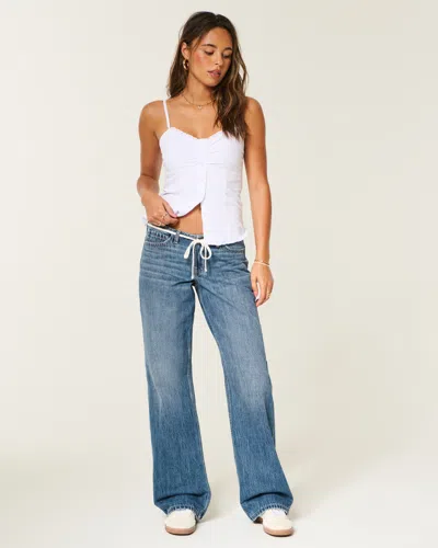 Hollister Ultra Low-rise Dark Wash Tie Waist Baggy Jeans In Blue