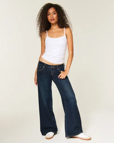 Hollister Ultra Low-rise Dark Wash Wide-leg Jeans In Blue