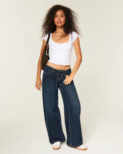 Hollister Ultra Low-rise Mini Waistband Dark Wash Tie Waist Super Baggy Jeans In Brown