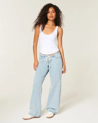 Hollister Ultra Low-rise Mini Waistband Light Wash Tie Waist Baggy Jeans In White