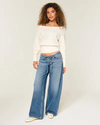 Hollister Ultra Low-rise Mini Waistband Medium Wash Tie Waist Super Baggy Jeans In White