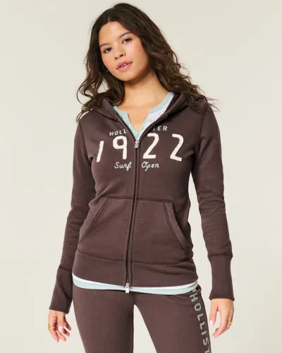 Hollister Waffle Lined Hood Zip-up Logo Graphic Hoodie In Brown