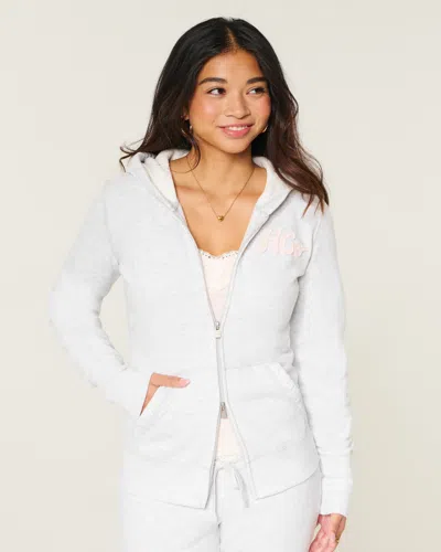 Hollister Waffle Lined Hood Zip-up Logo Graphic Hoodie In White