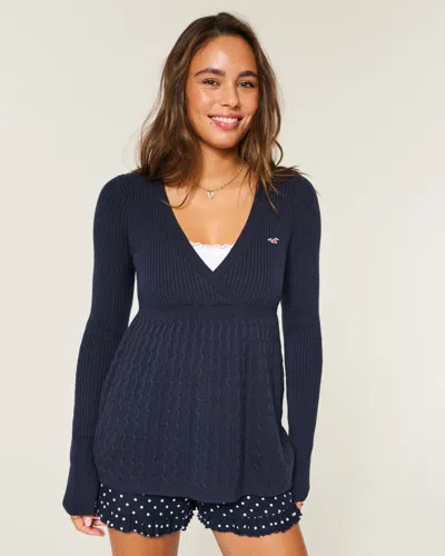 Hollister Wrap Front Long-sleeve Babydoll Sweater In Blue