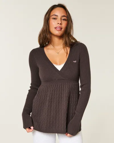 Hollister Wrap Front Long-sleeve Babydoll Sweater In Brown