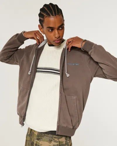 Hollister Zip-up Logo Graphic Hoodie In Brown