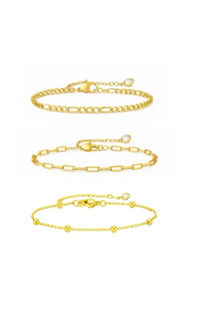 Hollywood Sensation Adriana 3-piece Stackable Bracelet Trio Set, Beaded, Figaro, Paperclip Link In Gold