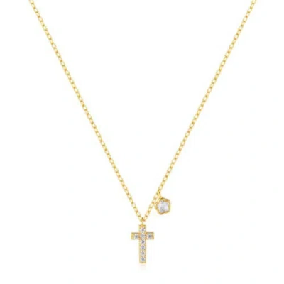 Hollywood Sensation Cross Necklace With Sparkling Cz And Floral Charm In Gold
