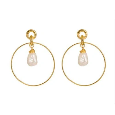 Hollywood Sensation Drop Hoop Earrings With Simulated Pearl Drop In Gold