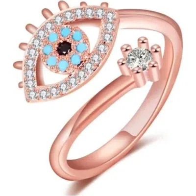 Hollywood Sensation Evil Eye Rings Adjustable Rose Gold With Cubic Zirconia In Pink