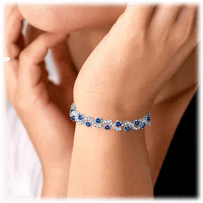 Hollywood Sensation Tennis Bracelet With Round Cut Sapphire And White Diamond Cubic Zirconia In Blue