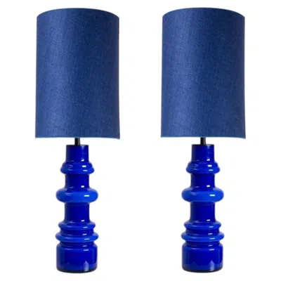Pre-owned Holmegaard 1 Of The 2  Indigo Ceramic Lamps, Custom Tall Blue Shades By R. Houben