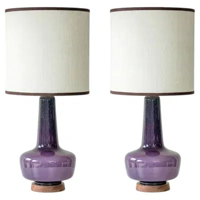 Pre-owned Holmegaard 1 Of The 2  Lilac Ceramic Lamps, Custom Lampshades By R. Houben In Clear