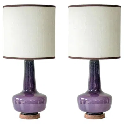 Pre-owned Holmegaard 1 Of The 2  Lilac Ceramic Lamps, Custom Lampshades By R. Houben In Clear
