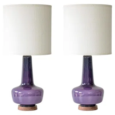 Pre-owned Holmegaard 1 Of The 2  Lilac Ceramic Lamps, Custom White Lampshades By R. Houben
