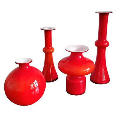 Pre-owned Holmegaard Arrangement Of 4 Red Glass 'carnaby' Vases By Per Lütken For , Denmark