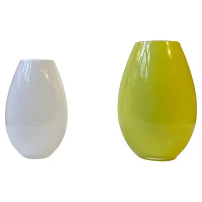 Pre-owned Holmegaard Cocoon - Green & White Opaline Glass Vases By Peter Svarrer For