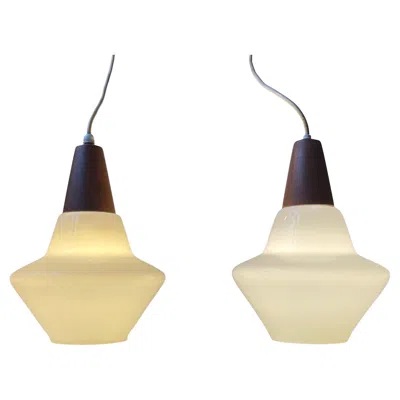 Pre-owned Holmegaard Danish Modern White Opaline Glass & Teak Pendant Lamps By , 1960s