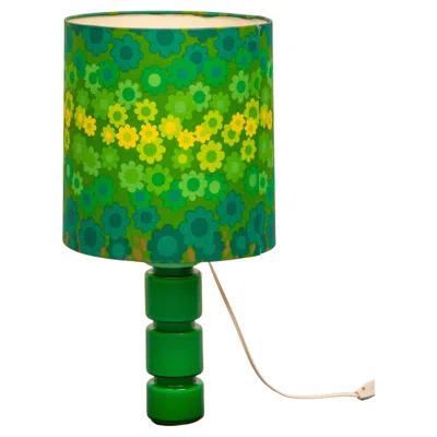 Pre-owned Holmegaard Holmegard Green Opal Glass Table Lamp With Linen Pop-art Flower Shade