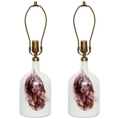 Pre-owned Holmegaard Michael Bang Table Lamps By , White Art Glass, Brass, 1970s