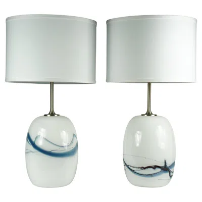 Pre-owned Holmegaard Pair Of  Lamps Sakura White/blue Design Michael Bang, 1984, Denmark In Transparent