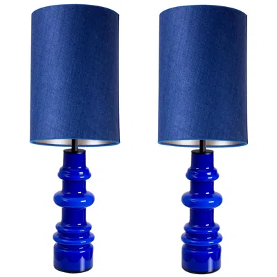 Pre-owned Holmegaard Pair Of  Table Lamps With New Silk Custom Made Lampshades René Houben In Purple