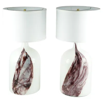 Pre-owned Holmegaard Pair Of White Glass With Deep Red Pattern  Table Lamp, Denmark, 1980